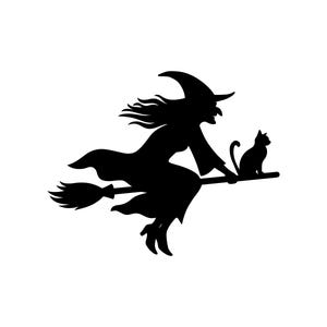 May include: A black silhouette of a witch riding a broomstick with a black cat sitting in front of her. The witch is wearing a pointed hat and a long flowing dress. The broomstick is angled upwards.