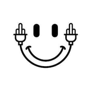 May include: A black and white graphic design featuring a stylized smiley face. The eyes are solid black vertical ovals, and the mouth is a curved line. Each end of the mouth terminates in an electrical plug icon showing a middle finger gesture.