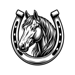 May include: A black and white illustration of a horse's head within a horseshoe. The horse is depicted in detail, with flowing mane and a focused gaze. The horseshoe is a classic U-shape with nail holes.