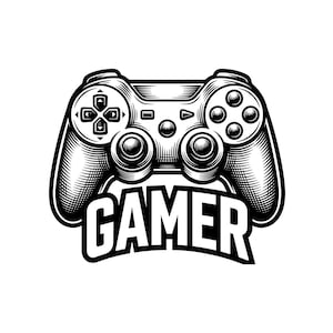 May include: A monochrome illustration of a games controller with the word "GAMER" beneath it. The controller features buttons, a directional pad, and joysticks. The design is detailed and vintage.