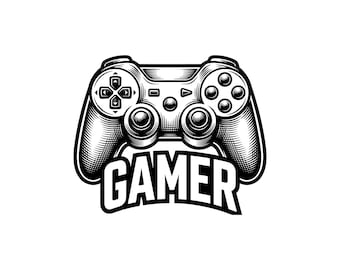 Könnte beinhalten: Schwarz-Weiß-Illustration eines Videospiel-Controllers mit dem Wort "GAMER" darunter. Der Controller hat Knöpfe, ein Steuerkreuz und Joysticks. Das Design ist detailliert und vintage.