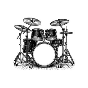 May include: A black and white ink-style illustration of a drum kit featuring a large bass drum, two mounted toms, a floor tom, and a snare drum. The set includes two crash cymbals and a hi-hat stand, all supported by metal stands on a wooden floor.