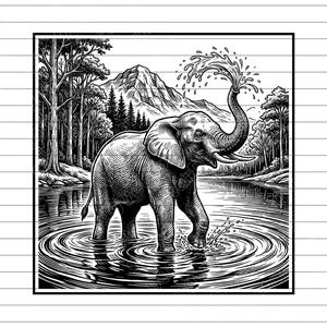 May include: A detailed black and white illustration of an elephant in a lake, spraying water from its trunk. The background shows a mountain, trees, and a forest. The image is a nature scene, with the elephant's form rendered with cross-hatching.