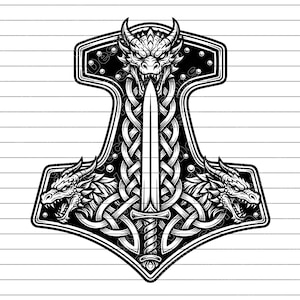 Op de afbeelding: Zwart-wit illustratie van een Viking hamer ontwerp. De hamer heeft drakenkoppen, een zwaard en Keltische knoopwerk. Het ontwerp is symmetrisch en gedetailleerd, met een gedurfde, grafische stijl.