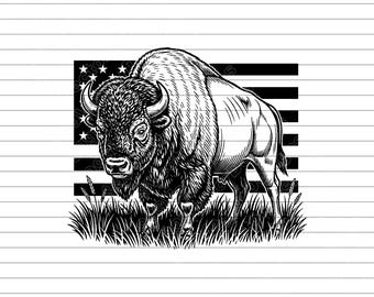 Bison Usa Flag Vector Illustration, SVG, PNG, JPG, American Bison Art, Patriotic Bison, Bison Clipart, Bison Silhouette, Usa Wildlife Design