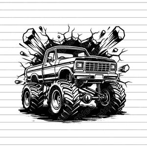 May include: Black and white illustration of a monster truck bursting through a wall. The truck has oversized tires and is depicted in a dynamic, action-oriented pose. The image is a bold graphic, suitable for various applications.