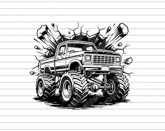 Monster Truck Breaking Wall Vector Illustration, SVG, PNG, JPG, Monster Truck Art, Clipart, Silhouette, Off Road Truck, Monster Truck Design