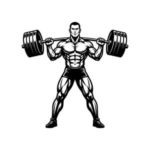 May include: A black and white graphic illustration of a muscular figure standing with legs apart, lifting a heavy barbell with large weight plates across the shoulders. The figure is depicted with defined musculature, wearing shorts and athletic shoes.