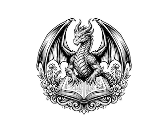 Dragon Reading Book Vector Illustration, SVG, PNG, JPG, Dragon Art, Dragon Clipart, Dragon Silhouette, Reading Dragon, Book Lover Design