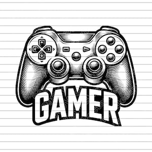 May include: Black and white illustration of a video game controller with the word "GAMER" beneath it. The controller features directional buttons, control sticks, and action buttons. The design is detailed with shading.