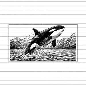 May include: Black and white illustration of an orca whale breaching the water's surface. The whale is jumping out of the water with a mountain range in the background. The image is framed with a black border.