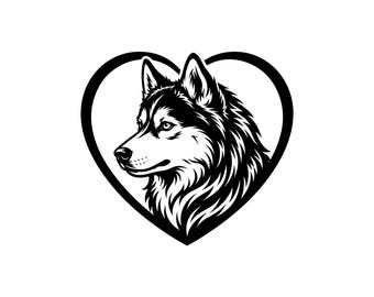 Siberian Husky Heart Frame Vector Illustration: (SVG PNG JPG) Husky Dog, Husky Clipart, Husky Silhouette, Dog Lover Print, Cute Husky Design