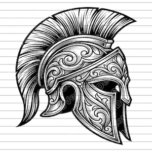 May include: Black and white illustration of a Spartan helmet. The helmet features intricate floral and scrollwork designs, a prominent crest, and a face guard. The artwork is detailed and stylized, with a focus on shading and texture.