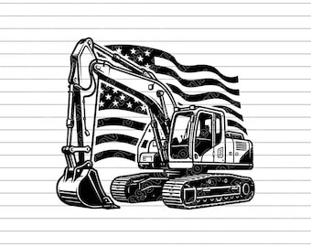 Ilustración vectorial de excavadora con bandera estadounidense (SVG, PNG, JPG), excavadora patriótica, clipart de excavadora, silueta de excavadora, maquinaria estadounidense