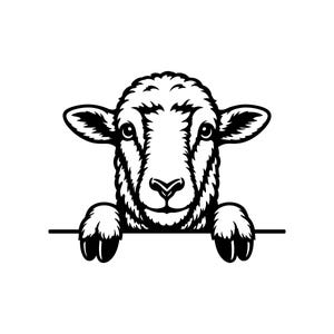 May include: A black and white graphic illustration of a sheep head facing forward. The sheep is positioned behind a horizontal line, with its two front hooves resting on top of the line. The design features bold lines and high contrast shading.
