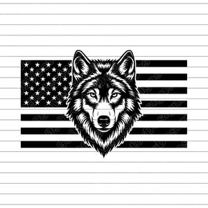May include: Black and white graphic of a wolf's head superimposed on an American flag. The wolf's detailed fur and piercing eyes are centered over the flag's stripes, creating a patriotic and wildlife-themed design.