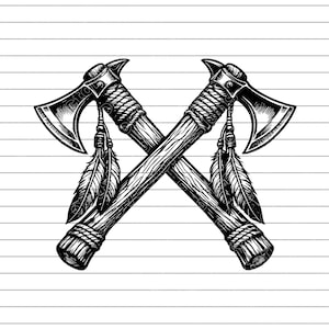 May include: A detailed black and white illustration of two crossed axes. The axes have wooden handles wrapped with rope and are adorned with hanging feathers. The axes are set against a white background with horizontal lines.