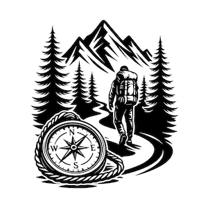 Hiking adventure vector illustration, svg, png, jpg, art, clipart, silhouette, mountain hiker, forest path, compass design, cricut design