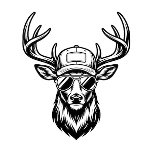 May include: A black and white graphic illustration of a deer head facing forward. The deer features large, detailed antlers, wears a baseball cap positioned between the antlers, and has dark-tinted aviator-style sunglasses covering its eyes.