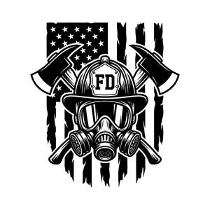 May include: Black and white illustration featuring a firefighter's helmet with the letters "FD" on the front, a gas mask, and crossed axes. The background is a stylized American flag, with stars and stripes.