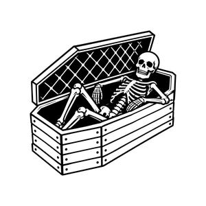 May include: A black and white graphic illustration of a human skeleton lying inside an open wooden coffin. The coffin features a paneled exterior and a lid with a cross-hatched interior pattern. The skeleton is positioned with bent knees.