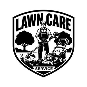 May include: Black and white logo for a lawn care service. It features a man in overalls with a strimmer, a lawnmower, and trees. The words "LAWN CARE SERVICE" are displayed within a shield-shaped design.