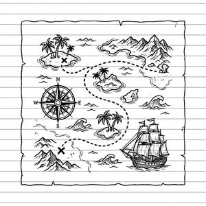 Puede incluir: Ilustración en blanco y negro de un mapa del tesoro sobre papel rayado. El mapa presenta una rosa de los vientos, islas con palmeras, montañas, olas y un velero. Una línea punteada marca la ruta del tesoro.