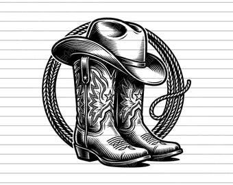 Cowboy Hat Boots Rope Vector Illustration, SVG, PNG, JPG, Western Cowboy Art, Cowboy Clipart, Cowboy Silhouette, Rodeo Design, Western Decor