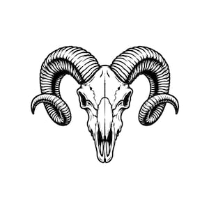 May include: A black and white graphic illustration of a ram skull featuring large, curved, ridged horns. The design is rendered in a high-contrast ink style with detailed line work defining the bone structure and the texture of the horns.