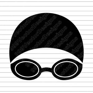 May include: A black and white graphic of a swim cap and goggles. The swim cap is rounded and covers the head, while the goggles sit below, with oval lenses and a connecting bridge. The image has the text "999VectorDesigns".