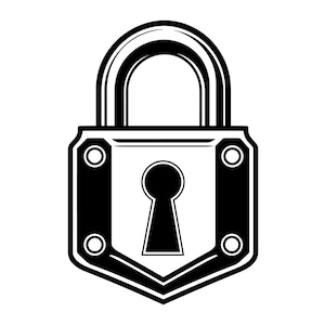 May include: A black and white graphic illustration of a padlock. The padlock features a rounded shackle at the top and a rectangular body with a central keyhole. Four circular rivets are positioned at the corners of the lock body.