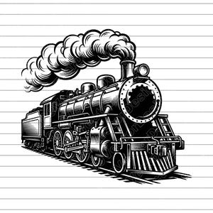 May include: Black and white illustration of a vintage steam train. The train is depicted in profile, with detailed rendering of the engine, wheels, and billowing smoke. The design is suitable for various applications.