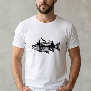 Trout Fish with Mountains Vector Illustration, SVG, PNG, JPG, Trout, Fishing Clipart, Trout Silhouette, Mountain Fish Design, Adventure Art