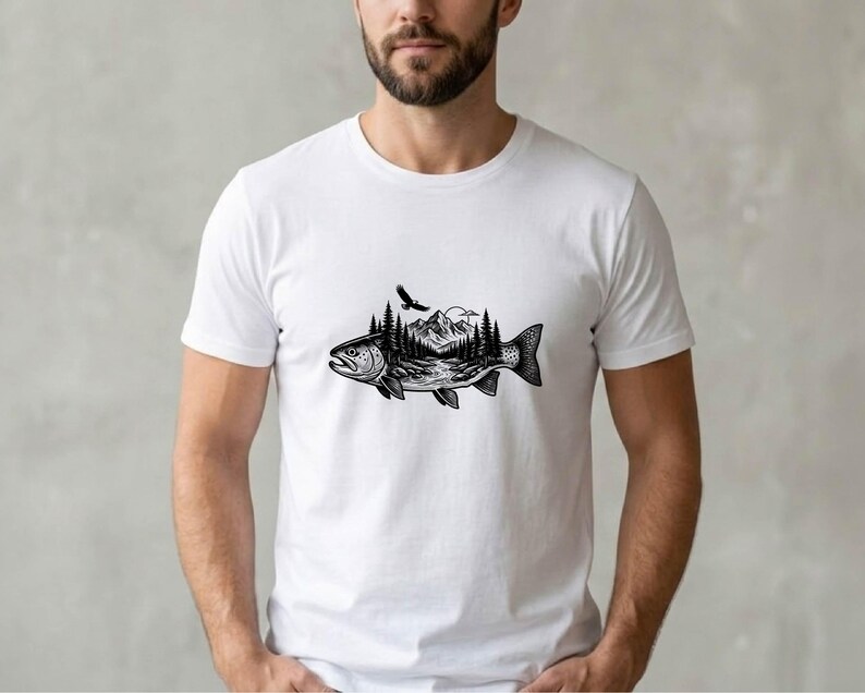 Trout Fish with Mountains Vector Illustration, SVG, PNG, JPG, Trout, Fishing Clipart, Trout Silhouette, Mountain Fish Design, Adventure Art
