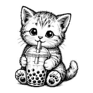 May include: A black and white line art illustration of a small, fluffy kitten with large eyes sitting upright and holding a clear plastic cup filled with bubble tea. The kitten has visible stripes on its head and body, and the drink features a straw.
