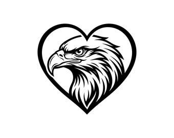 Ilustración vectorial de cabeza de águila en marco de corazón: (SVG PNG JPG) Arte de cabeza de águila, clipart de águila, silueta de águila, diseño de águila patriótica, Cricut
