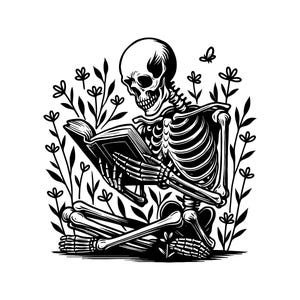 May include: Black and white illustration of a skeleton reading a book while sitting cross-legged. The skeleton is surrounded by stylized plants and a small butterfly. The image has a clean, graphic style.