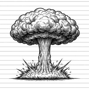 May include: A detailed black and white illustration of a mushroom cloud from a nuclear explosion. The artwork depicts the iconic shape with a billowing top and a rising column of smoke and debris, with radiating bursts at the base.