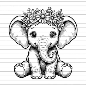May include: A monochrome illustration of a baby elephant, featuring large ears and a curled trunk. The elephant wears a floral crown and has big eyes. It is depicted sitting down with its legs tucked in, a charming design.