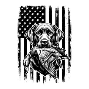 May include: A black and white graphic illustration featuring a Labrador retriever dog holding a mallard duck in its mouth. The dog is positioned in front of a distressed, weathered American flag design with stars and vertical stripes.