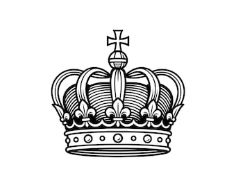 May include: A black and white illustration of a royal crown. The crown features a cross at the top, fleur-de-lis designs, and a series of small circles along the base. The design is detailed with curved lines and shading.
