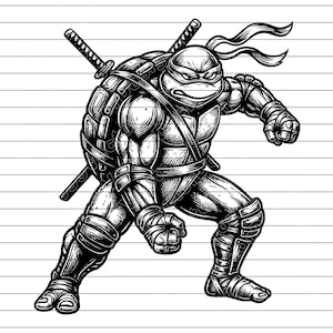 May include: Black and white illustration of a Teenage Mutant Ninja Turtle in a dynamic fighting pose. The turtle is muscular, wearing a mask, and carrying two katanas on its back. The artwork is detailed with shading.