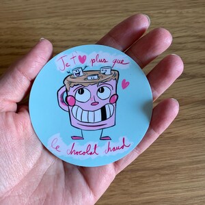 Sticker Je t'aime plus que le chocolat chaud cadeau amour tasse de chocolat chaud guimauve rond dessin animé