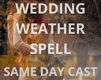 May include: Image with text overlay: "WEDDING WEATHER SPELL SAME DAY CAST". The background features a person with long hair, tarot cards, and candles, suggesting a spiritual or mystical theme. The overall aesthetic is warm and inviting.
