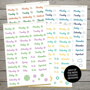 Printable Days Of The Week Stickers - Ideal For Bullet Journal - Season Colours - Bullet Journal stickers - Daily Log Headings