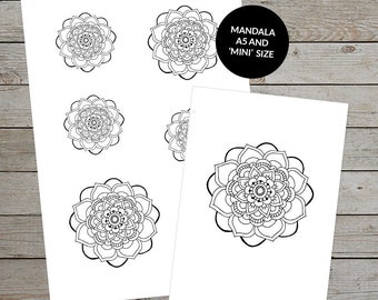 Printable Mandala (Design No.1) Hand Drawn Mandala - Ideal For Creative Journal - A5 and Mini Sizes - Printable Mandala Planner Stickers