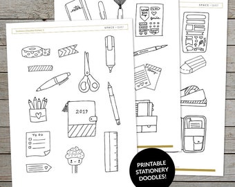 May include: Three printable sheets of black and white stationery doodles. The doodles include a notepad, scissors, a ruler, a tape dispenser, a pencil, a pen, a cupcake, a to-do list, a calendar, and more.
