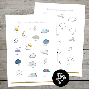 Icônes météo imprimables - Autocollants planificateur météo - Doodles météo Journal - Symboles météo dessinés à la main