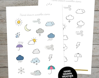 Printable Weather Icons - Weather Planner Stickers - Journal Weather Doodles - Hand Drawn Weather Symbols