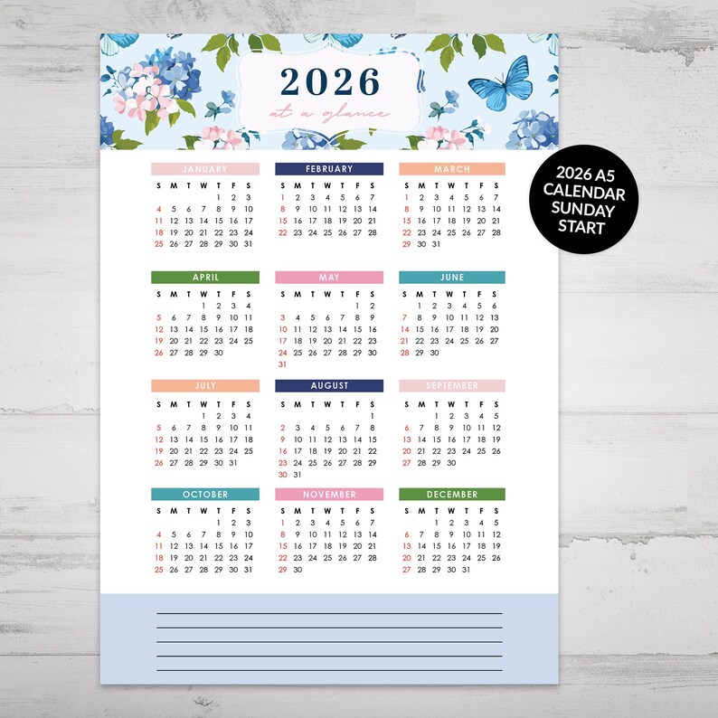 Printable 2026 Yearly Calendar With Floral Design | A5 Size for Journal ...